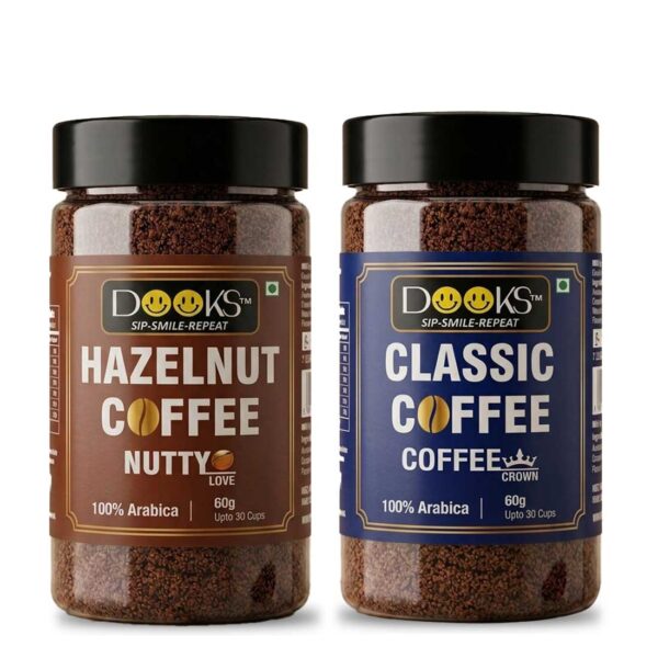 DOOKS Premium 100% Arabica Coffee Combo - Hazelnut & Classic (60g x 2 Jars) | Up to 60 Cups